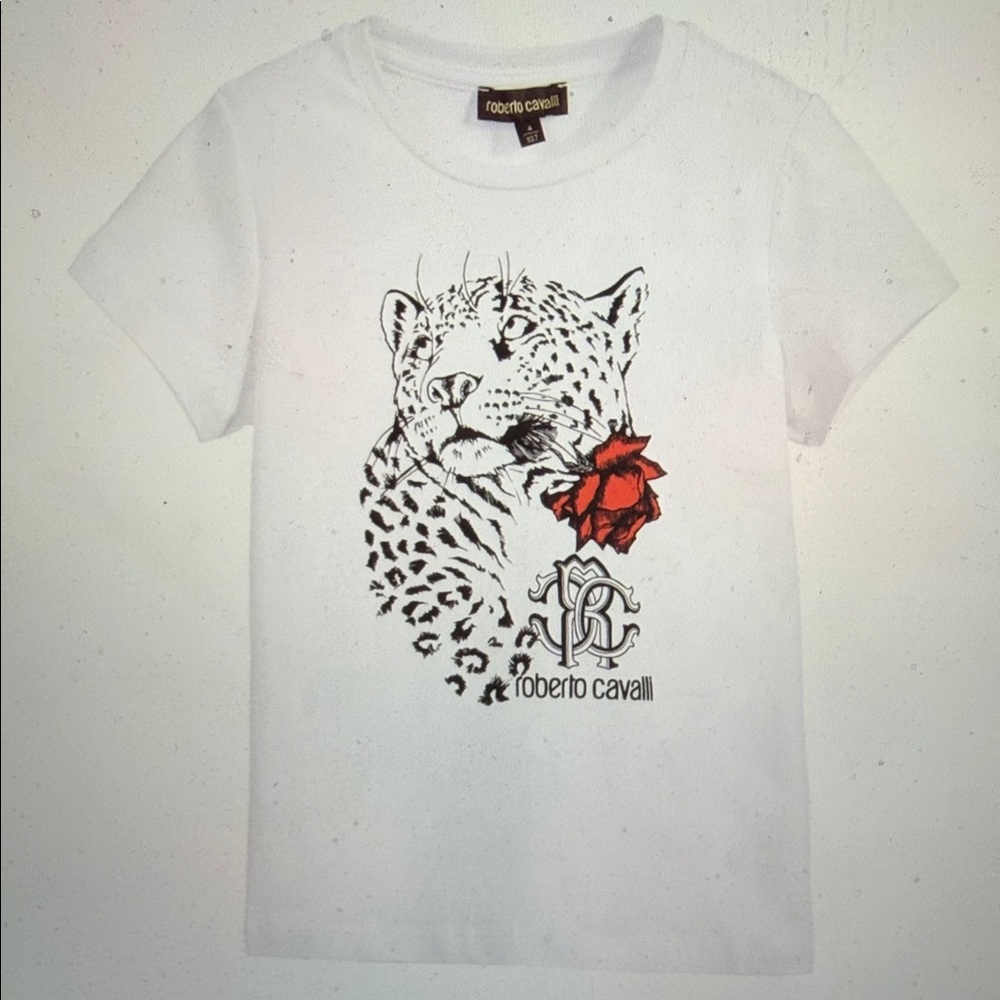 Roberto Cavalli Kids White Tee with Leopard and Red Rose